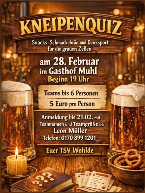 Infos zum Kneipenquiz: Teams bis 6 Personen; Kosten 5,-€ Anmeldung mit Teamname und Größe bei Leon Müller 0170 8991201